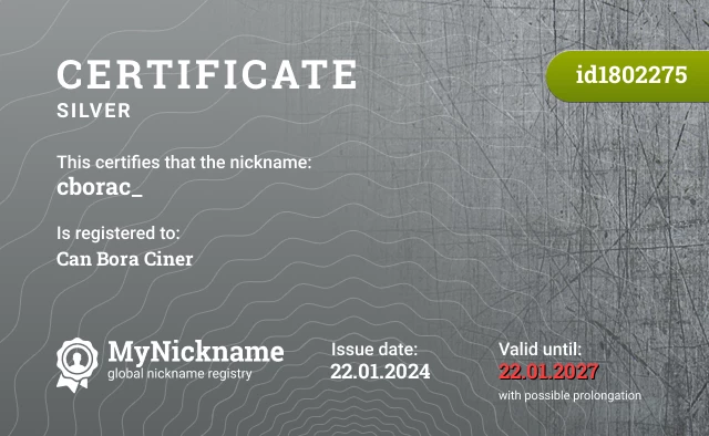 Certificate for nickname cborac_ is registered to: Can Bora Ciner