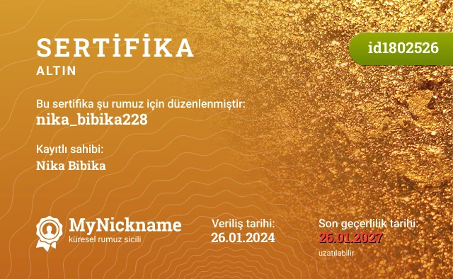 nika_bibika228 rumuzu için sertifika, kayıtlı sahibi: Nika Bibika 