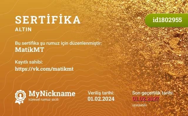 MatikMT rumuzu için sertifika, kayıtlı sahibi: https://vk.com/matikmt