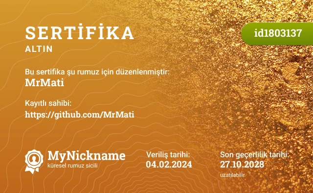 MrMati rumuzu için sertifika, kayıtlı sahibi: https://github.com/MrMati
