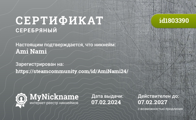 Сертификат на никнейм Ami Nami, зарегистрирован на https://steamcommunity.com/id/AmiNami24/