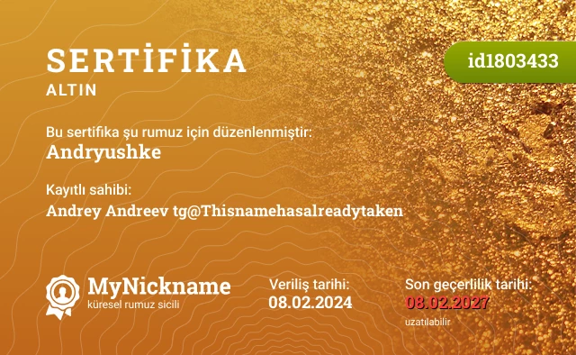 Andryushke rumuzu için sertifika, kayıtlı sahibi: Andrey Andreev tg@Thisnamehasalreadytaken