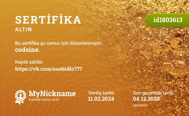 codeine. rumuzu için sertifika, kayıtlı sahibi: https://vk.com/auebidlo777