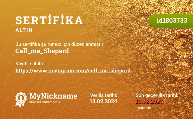 Call_me_Shepard rumuzu için sertifika, kayıtlı sahibi: https://www.instagram.com/call_me_shepard