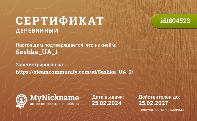 Сертификат на никнейм Sashka_UA_1, зарегистрирован на https://steamcommunity.com/id/Sashka_UA_1/