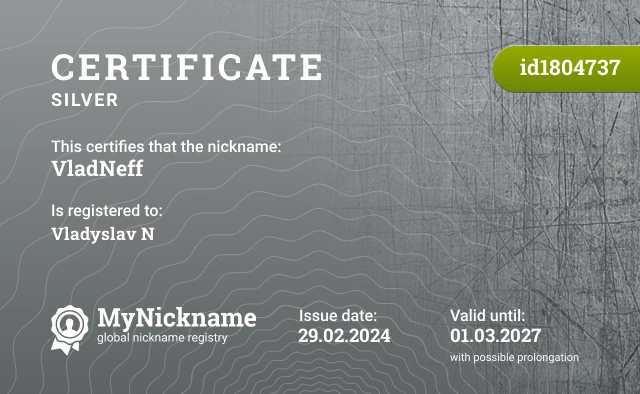 Certificate for nickname VladNeff is registered to: Vladyslav N