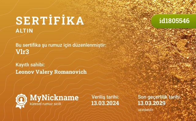 Vlr3 rumuzu için sertifika, kayıtlı sahibi: Leonov Valery Romanovich