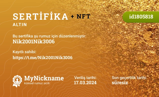 Nik2001Nik3006 rumuzu için sertifika, kayıtlı sahibi: https://t.me/Nik2001Nik3006