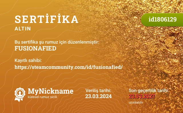 FUSIONAFIED rumuzu için sertifika, kayıtlı sahibi: https://steamcommunity.com/id/fusionafied/