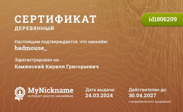 Сертификат на никнейм badmouse_, зарегистрирован на Каминский Кирилл Григорьевич