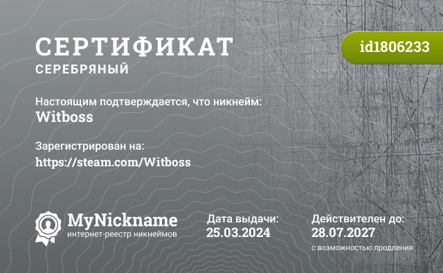 Сертификат на никнейм Witboss, зарегистрирован на https://steam.com/Witboss