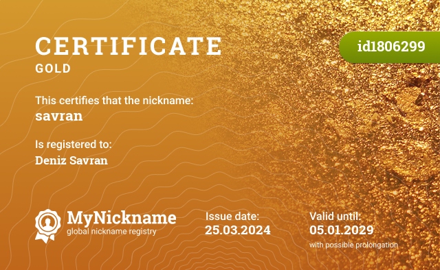 Certificate for nickname savran, registered to: Deniz Savran