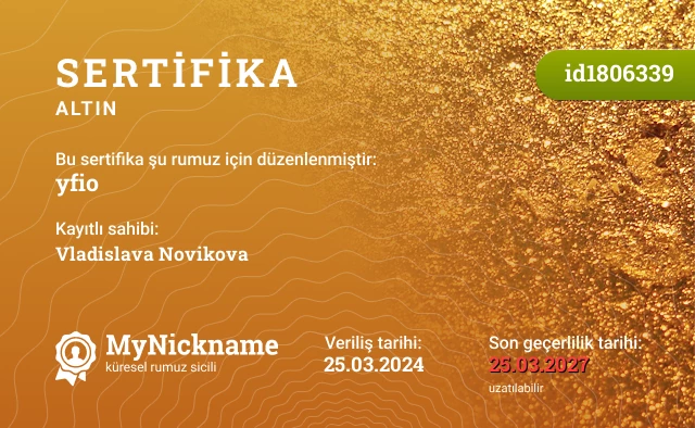 yfio rumuzu için sertifika, kayıtlı sahibi: Vladislava Novikova