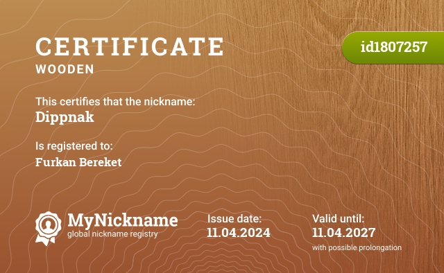 Certificate for nickname Dippnak, registered to: Furkan Bereket