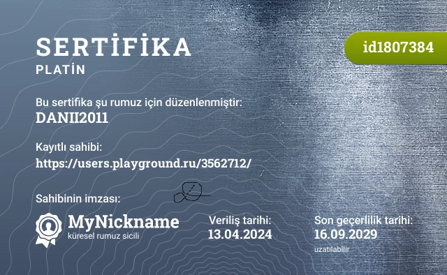 DANII2011 rumuzu için sertifika, kayıtlı sahibi: https://users.playground.ru/3562712/