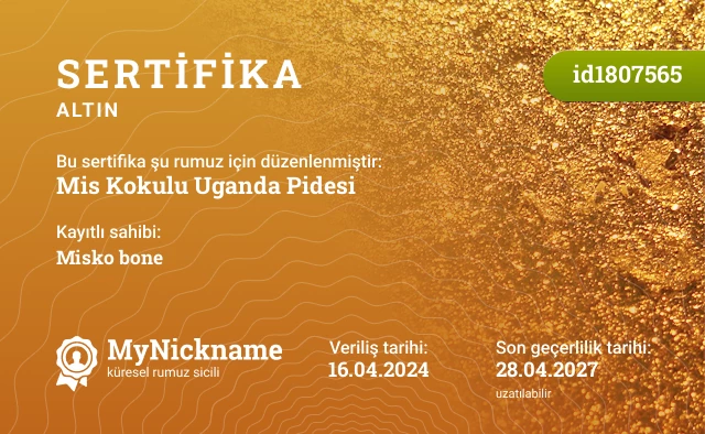 Mis Kokulu Uganda Pidesi rumuzu için sertifika, kayıtlı sahibi: Misko bone