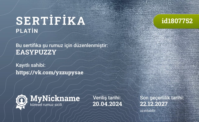EASYPUZZY rumuzu için sertifika, kayıtlı sahibi: https://vk.com/yzzupysae