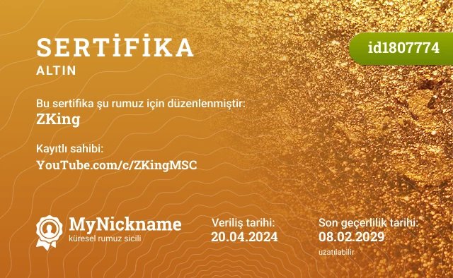 ZKing rumuzu için sertifika, kayıtlı sahibi: YouTube.com/c/ZKingMSC