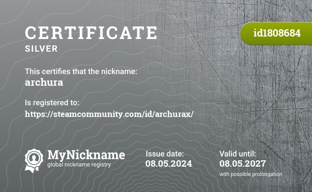 Certificate for nickname archura, registered to: https://steamcommunity.com/id/archurax/