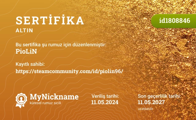 PioLiN rumuzu için sertifika, kayıtlı sahibi: https://steamcommunity.com/id/piolin96/