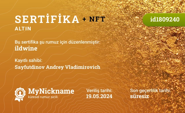 ildwine rumuzu için sertifika, kayıtlı sahibi: Sayfutdinov Andrey Vladimirovich