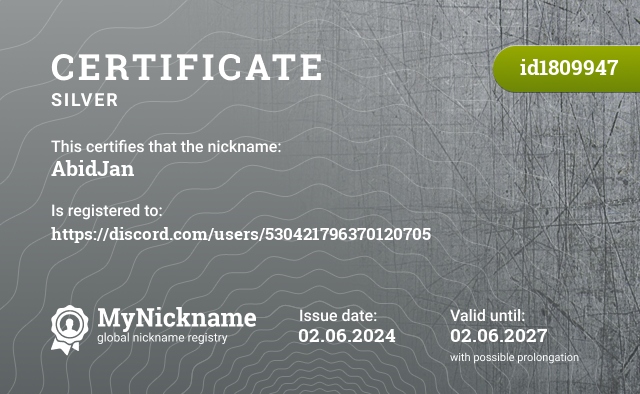 Certificate for nickname AbidJan, registered to: https://discord.com/users/530421796370120705