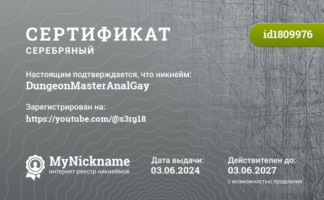 Сертификат на никнейм DungeonMasterAnalGay, зарегистрирован на https://youtube.com/@s3rg18