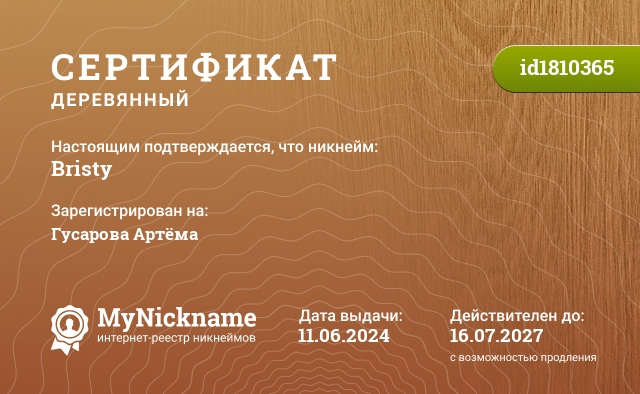 Сертификат на никнейм Bristy, зарегистрирован на Гусарова Артёма