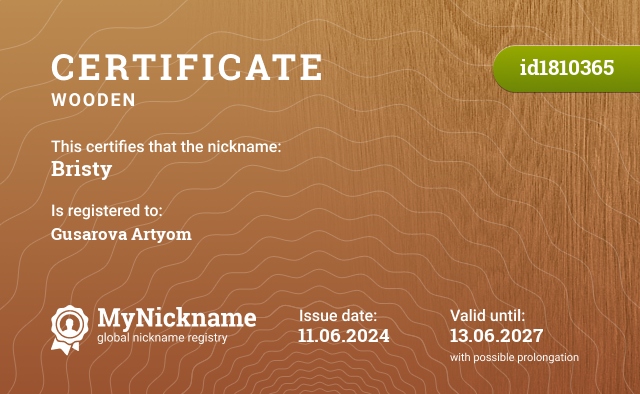 Certificate for nickname Bristy, registered to: Гусарова Артёма
