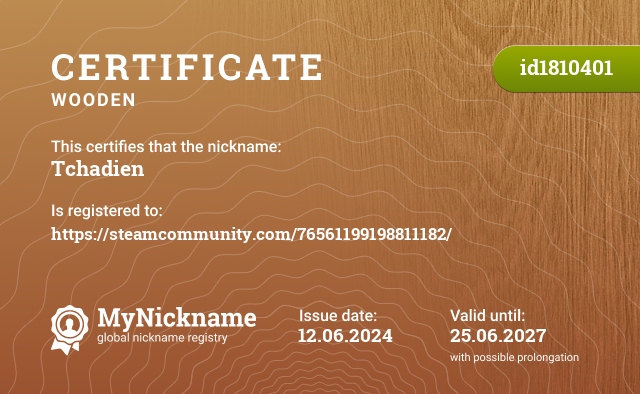 Certificate for nickname Tchadien, registered to: https://steamcommunity.com/76561199198811182/