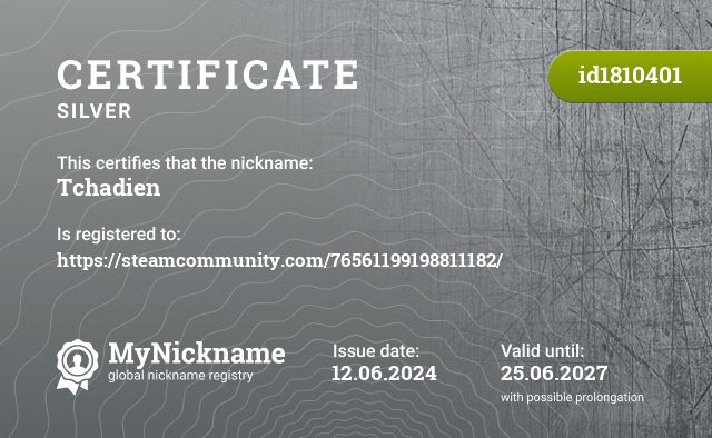 Certificate for nickname Tchadien, registered to: https://steamcommunity.com/76561199198811182/