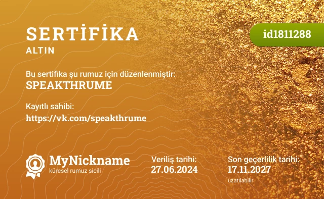 SPEAKTHRUME rumuzu için sertifika, kayıtlı sahibi: https://vk.com/speakthrume