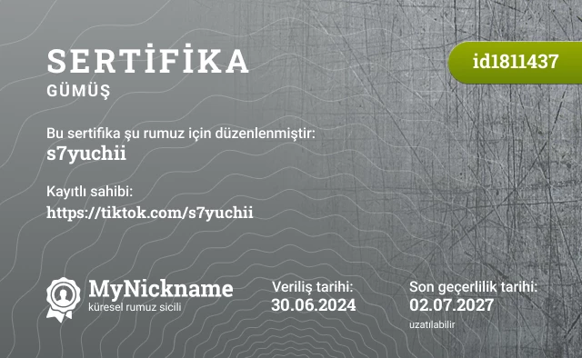 s7yuchii rumuzu için sertifika, kayıtlı sahibi: https://tiktok.com/s7yuchii