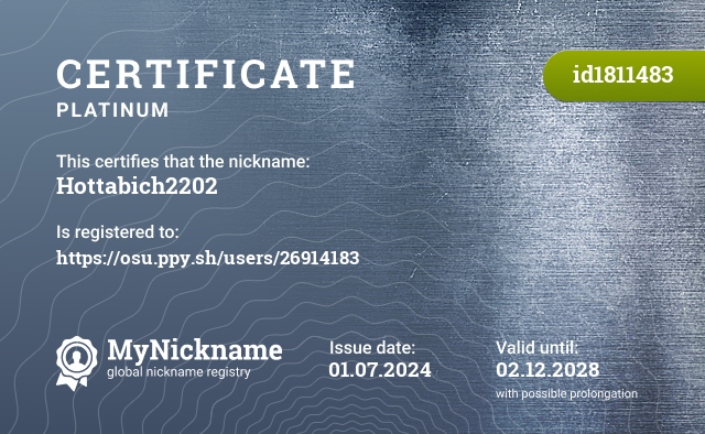 Certificate for nickname Hottabich2202, registered to: https://osu.ppy.sh/users/26914183