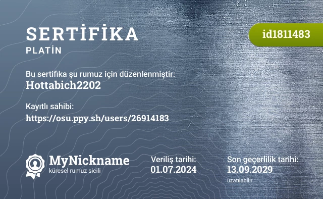 Hottabich2202 rumuzu için sertifika, kayıtlı sahibi: https://osu.ppy.sh/users/26914183