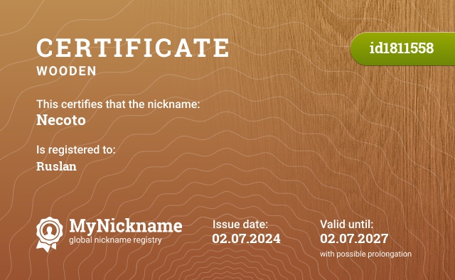Certificate for nickname Necoto, registered to: Ruslan