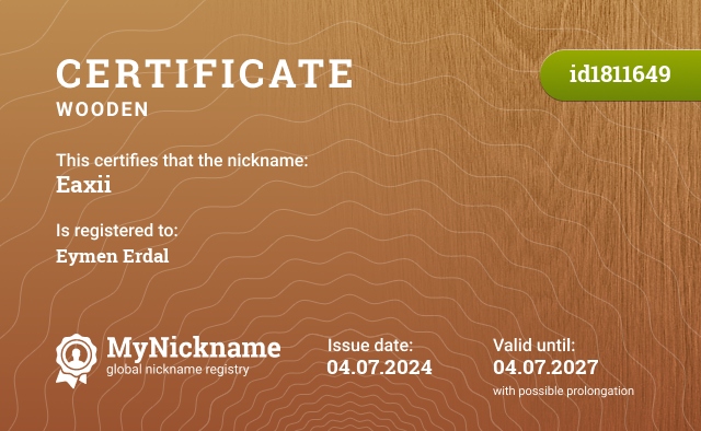Certificate for nickname Eaxii, registered to: Eymen Erdal