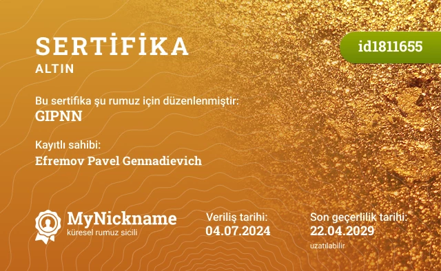 GIPNN rumuzu için sertifika, kayıtlı sahibi: Efremov Pavel Gennadievich