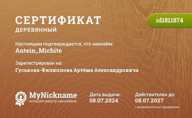 Сертификат на никнейм Antein_Michite, зарегистрирован на Гуськова-Филиппова Артёма Александровича