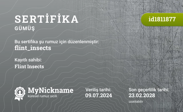 flint_insects rumuzu için sertifika, kayıtlı sahibi: Flint Insects