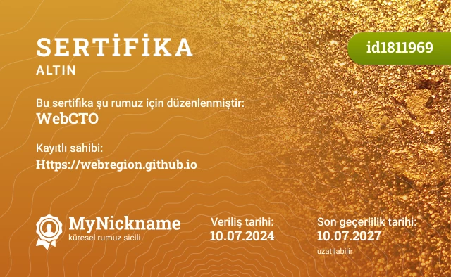 WebCTO rumuzu için sertifika, kayıtlı sahibi: Https://webregion.github.io