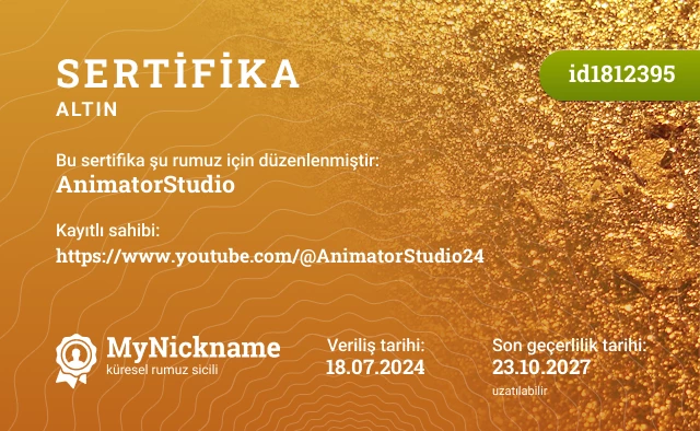 AnimatorStudio rumuzu için sertifika, kayıtlı sahibi: https://www.youtube.com/@AnimatorStudio24