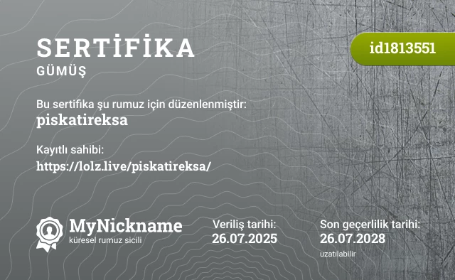 piskatireksa rumuzu için sertifika, kayıtlı sahibi: https://lolz.live/piskatireksa/