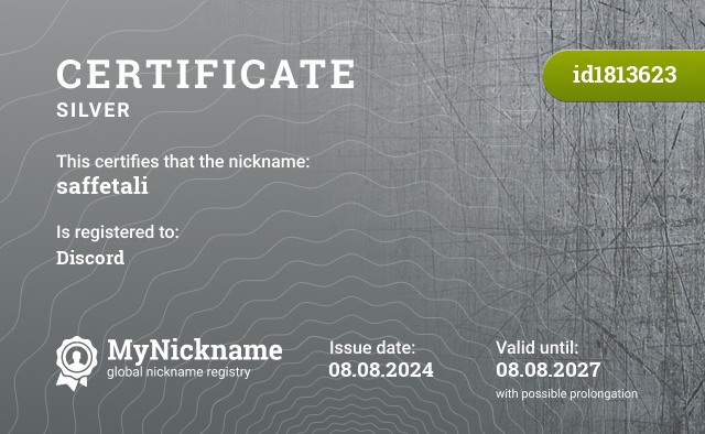 Certificate for nickname saffetali, registered to: Discord