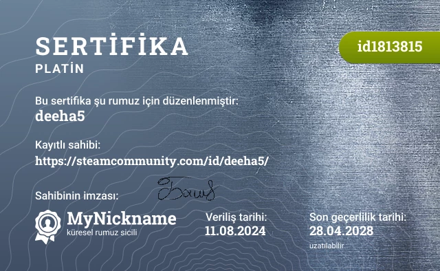 deeha5 rumuzu için sertifika, kayıtlı sahibi: https://steamcommunity.com/id/deeha5/