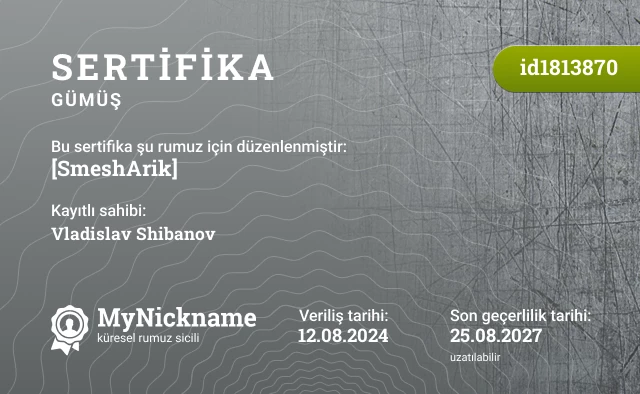 [SmeshArik] rumuzu için sertifika, kayıtlı sahibi: Vladislav Shibanov