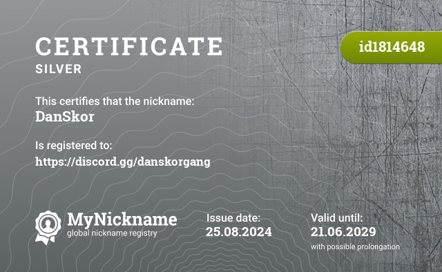 Certificate for nickname DanSkor, registered to: https://discord.gg/danskorgang