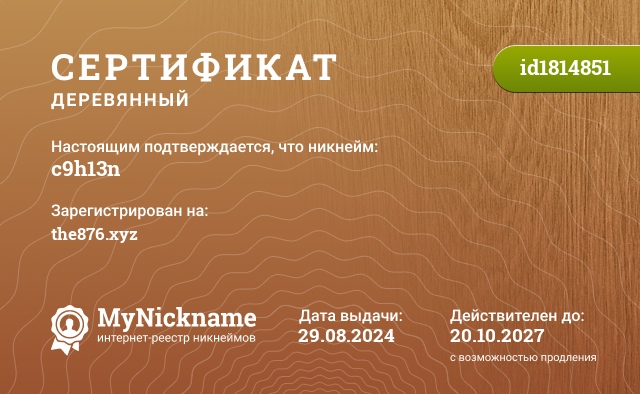 Сертификат на никнейм c9h13n, зарегистрирован на the876.xyz
