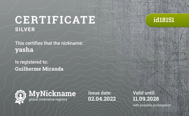 Certificate for nickname yasha is registered to: Guilherme Miranda