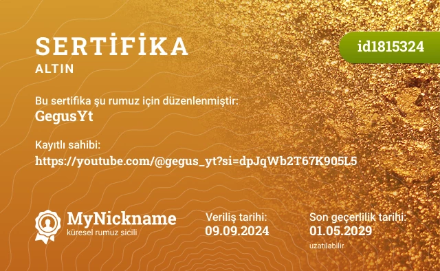 GegusYt rumuzu için sertifika, kayıtlı sahibi: https://youtube.com/@gegus_yt?si=dpJqWb2T67K905L5